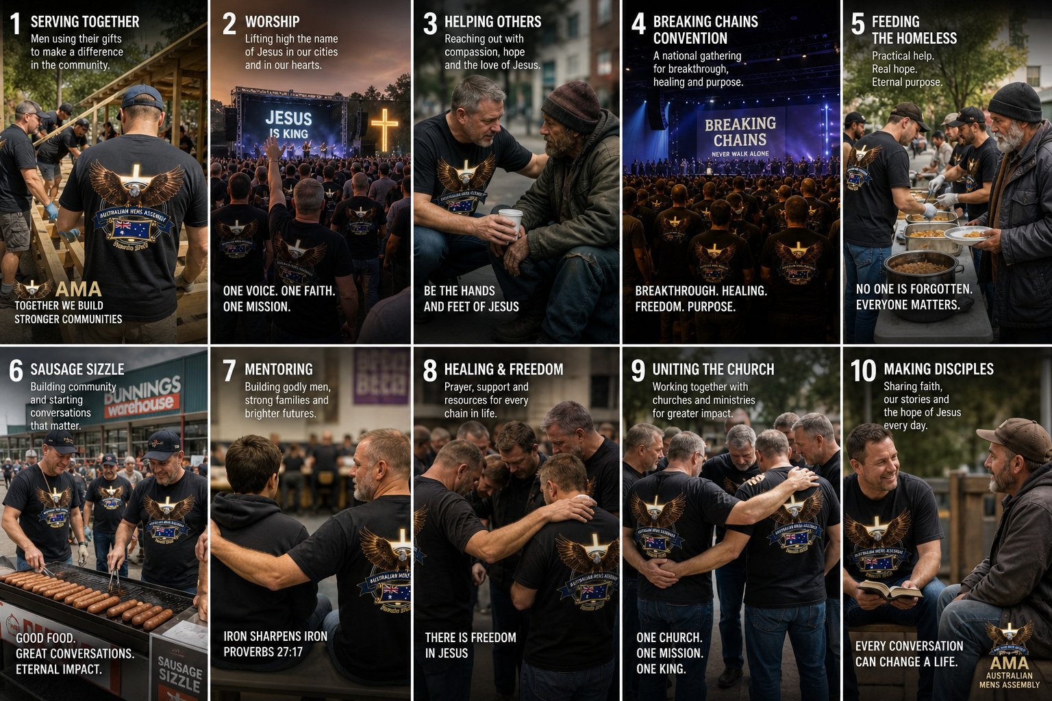 AMA activities collage - serving, worship, helping, breaking chains, feeding, mentoring, healing, uniting church, making disciples